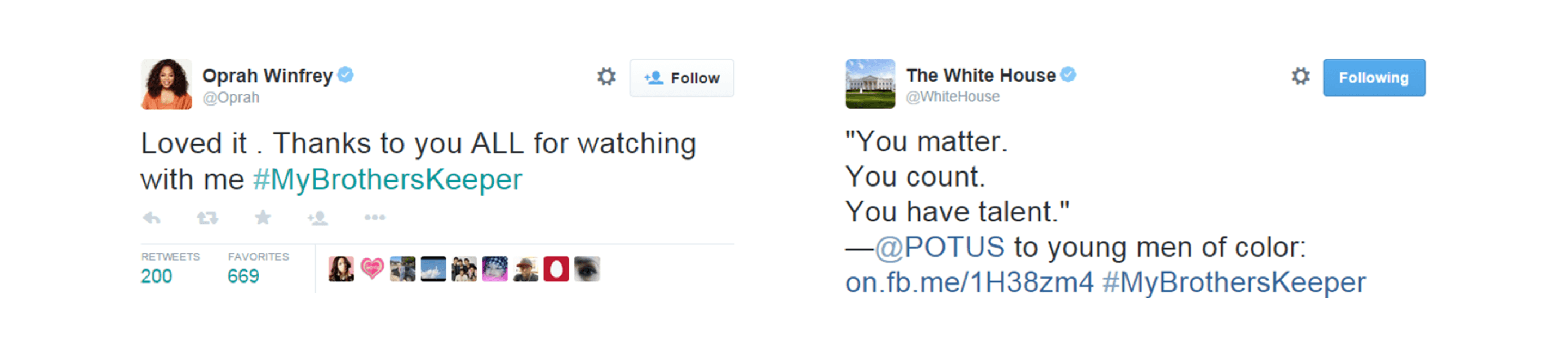 Two Tweets. First from Oprah, which reads, "Loved it. Thanks to you ALL for watching with me." Second from the White House, which reads, "You matter. You count. You have talent"
