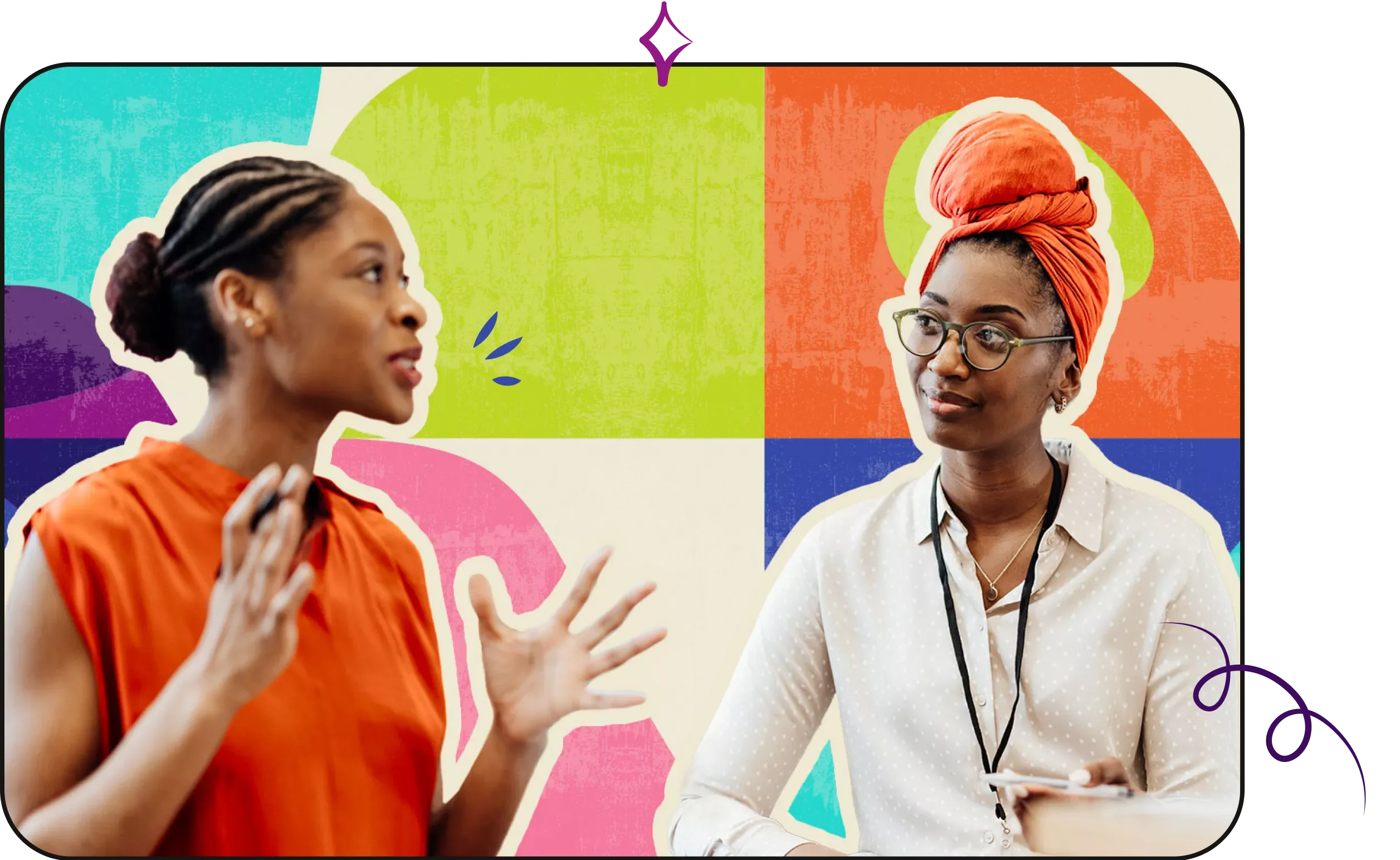 Two black business women talking and gesticulating