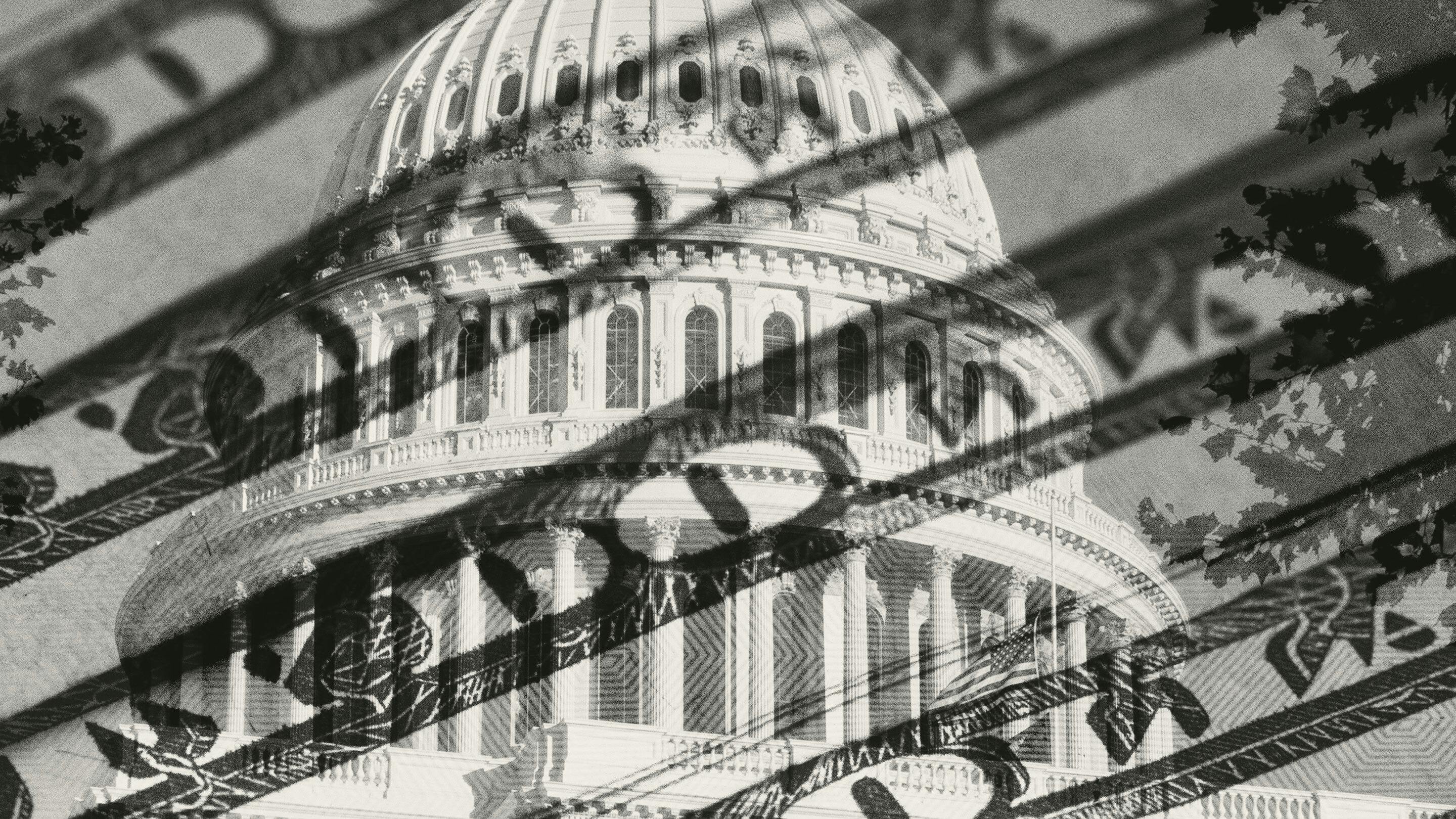 Stylize image of dollar bill superimposed on the US Capitol