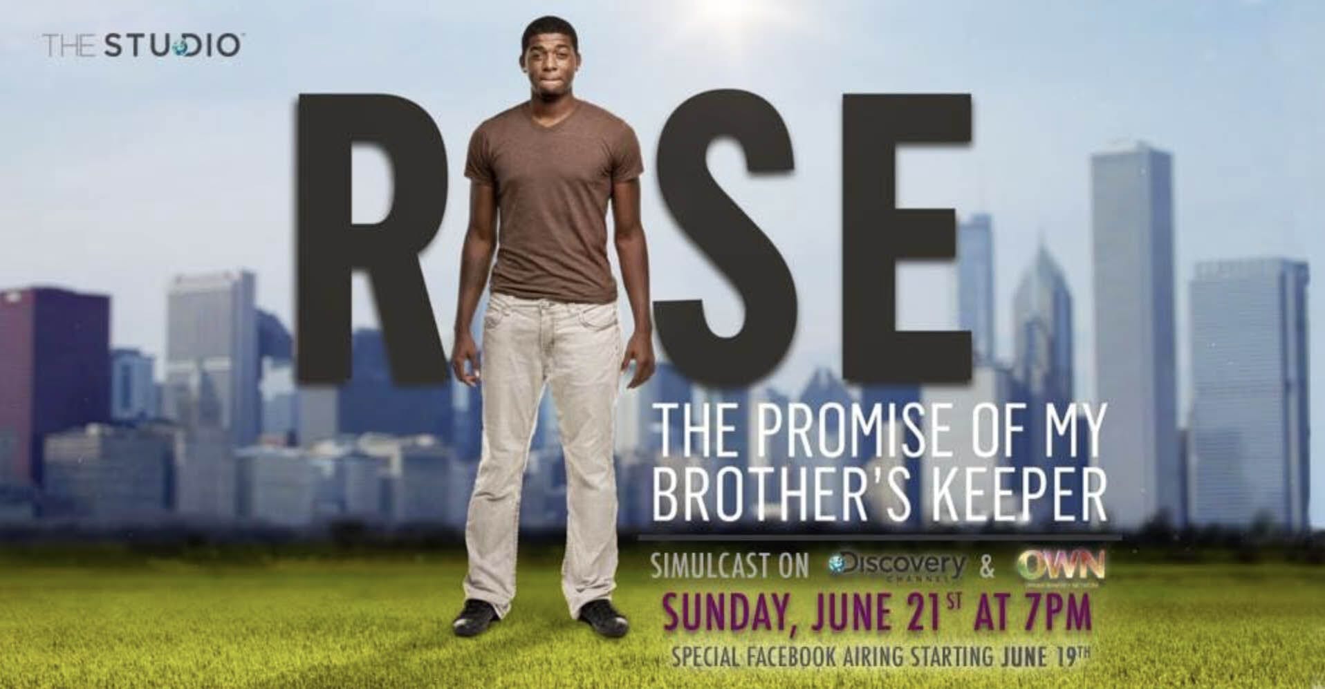 Movie promo with young black man standing with large "RISE" letters behind him.