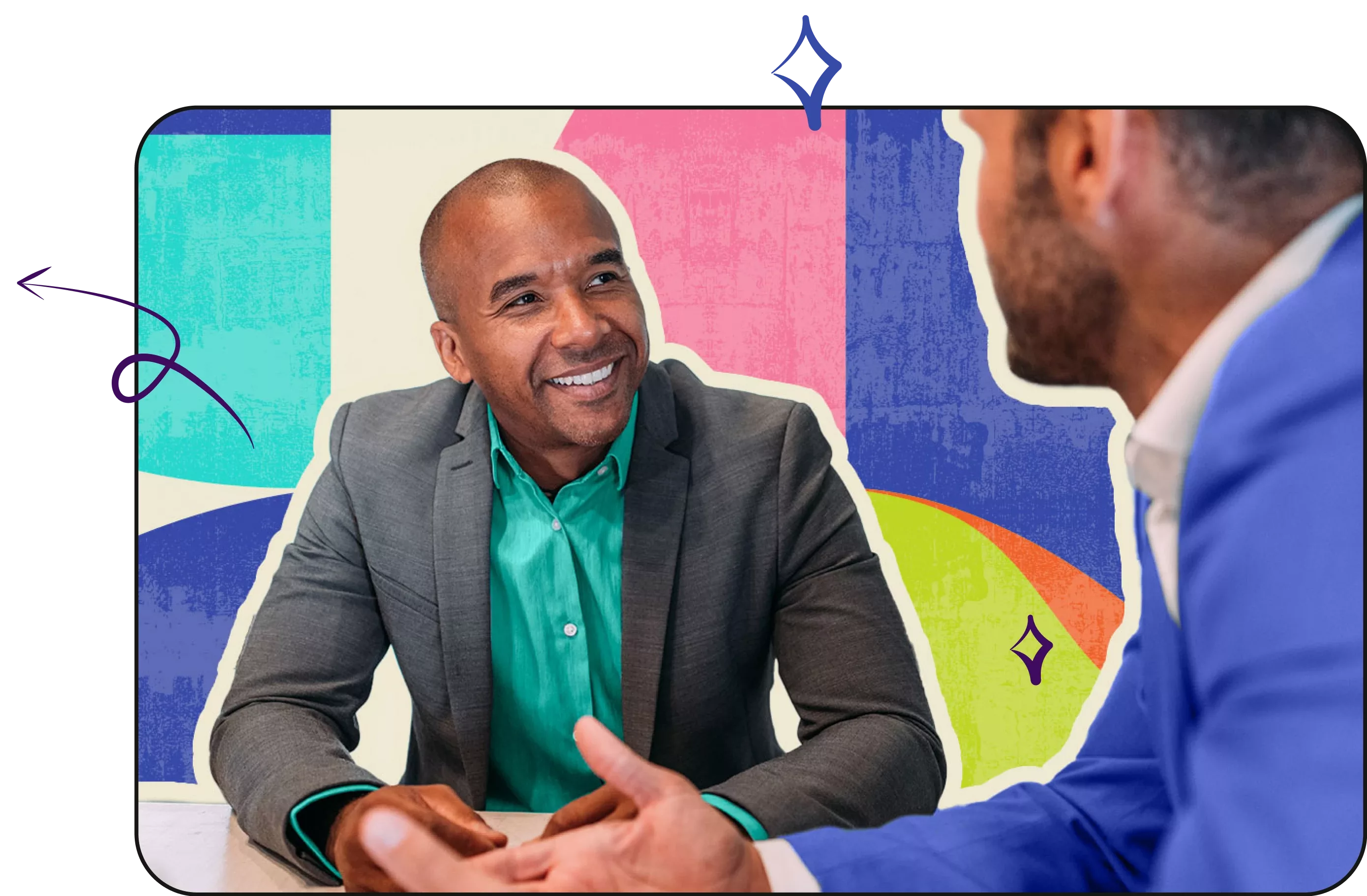 Two business men of color seated at a table discussing business with a stylized colorful background.